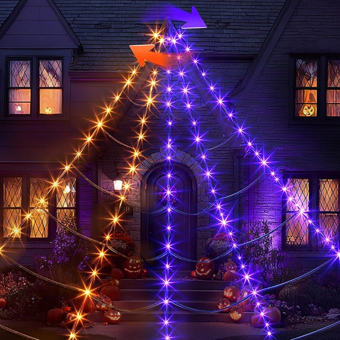 EAMBRITE Giant Spider Web Lights Halloween Decorations Outdoor with 135 LED Purple & Orange Lights, 17Ft Outside Huge Lighted Black Spider Web Halloween Light for Yard Party Haunted House Decor