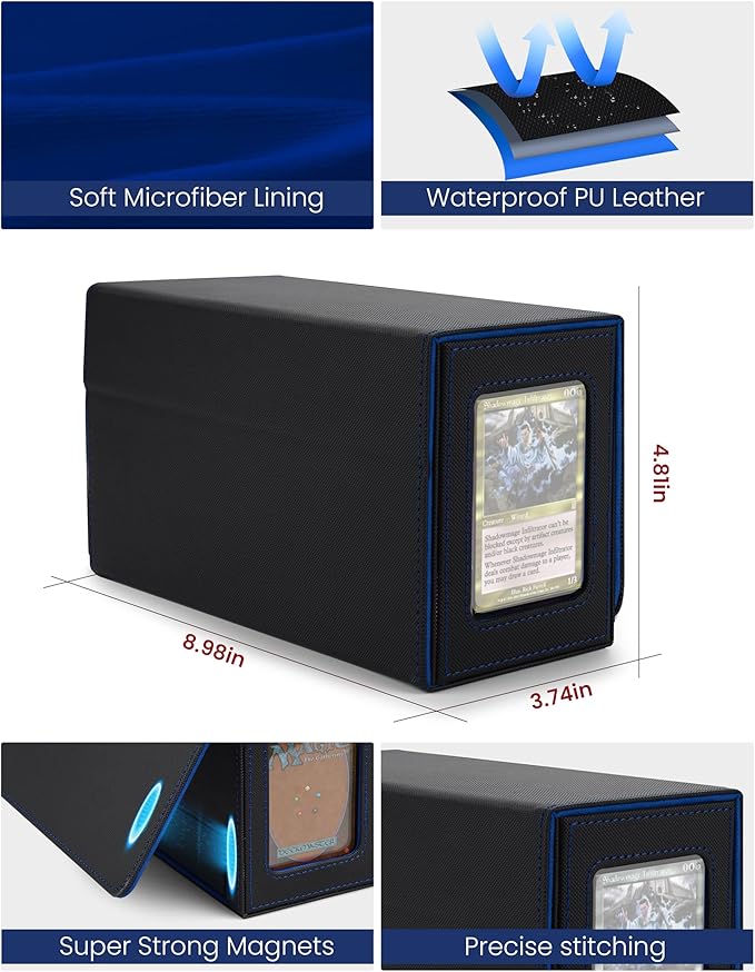 MRAUF MTG Deck Box with Double Commander Display and Dice Tray, Fits 200+ Double Sleeved Cards, Card Storage Box Plus 2 Magnetic Holders& 100Pcs Card Sleeves (Black& Blue)