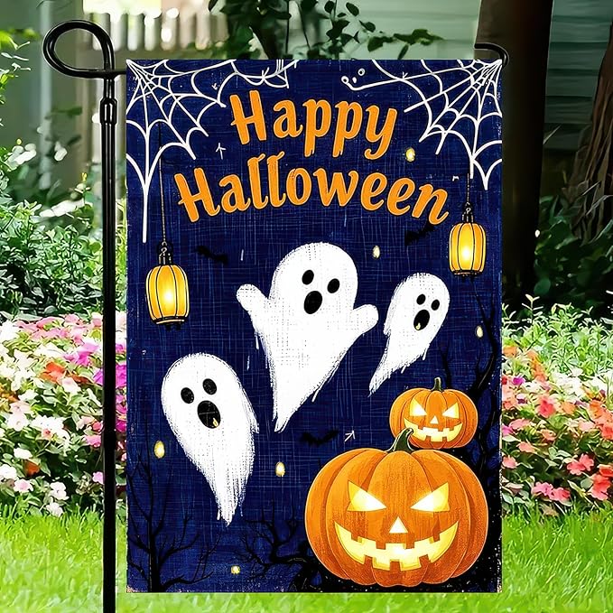 Garden Flags 12x18 Inch Halloween Ghost Pumpkin Banner Outdoor Scary Yard Sign Spooky Night Fall Lawn Porch Decor for Home Welcome Party Garden Flag