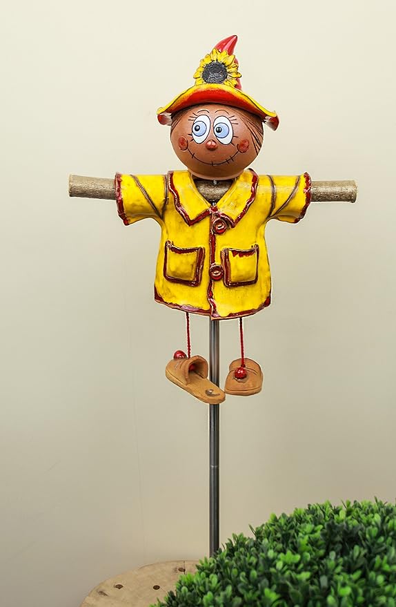Ceramic Garden Decor - Scarecrow Lawn stake, yellow - Outdoor statue - Perfect, unique gifts for gardeners woman, men, yard gifts - Handmade, Frostproof