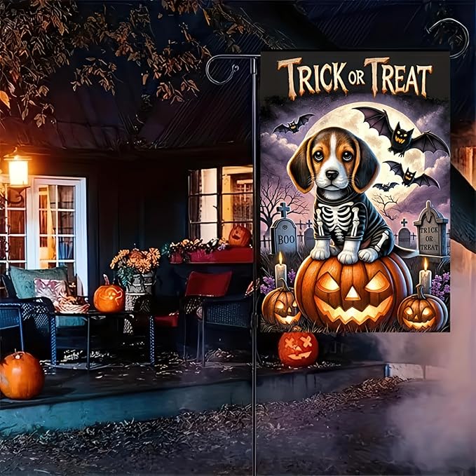 Happy Halloween Garden Flags for Outside Decoration,Beagle Skeleton Dog and Pumpkin Welcome Garden Flag for Outdoor Decor 12x18 Inch Vertical Double Sided