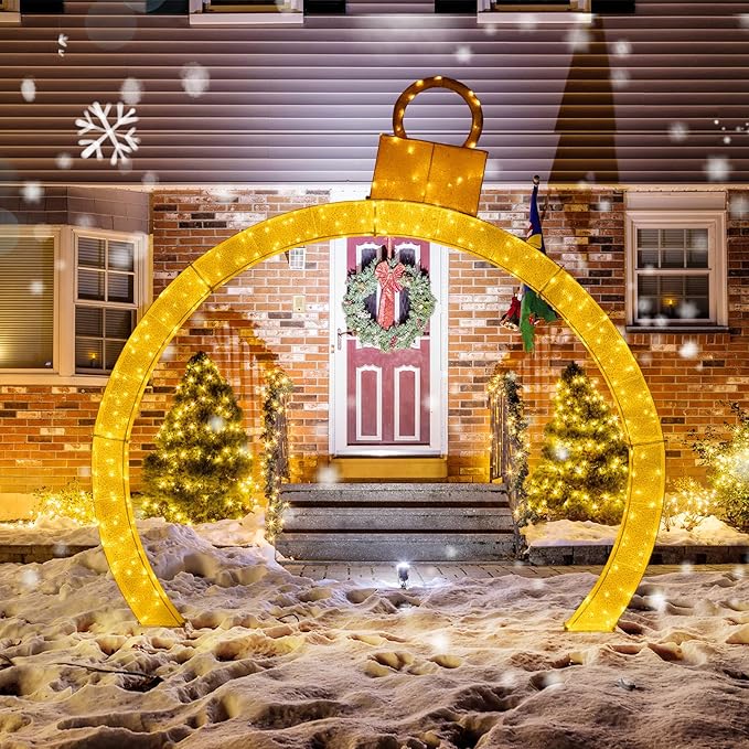 Tangkula 10.5 FT Outdoor Christmas Lighted Archway with Gold Ornament Cap, 300 Warm White LED Lights, Zip Ties & Stakes, Holiday Xmas Yard Decorations