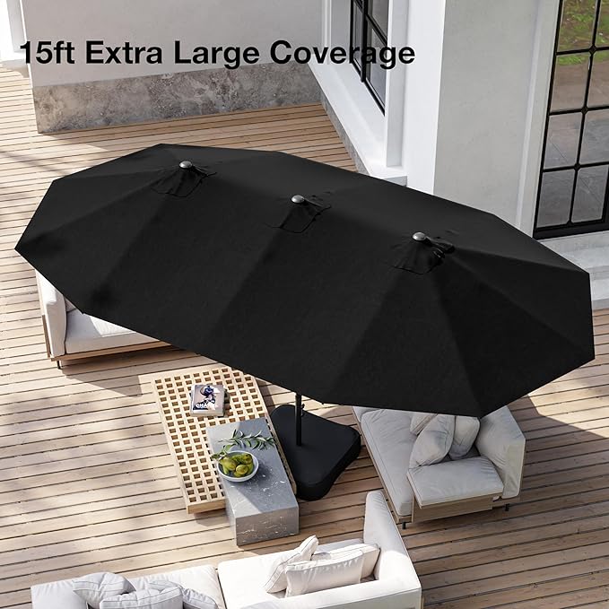 Joyside 15FT Large Patio Umbrella with Base Included, Outdoor Double Sided Umbrella, Rectangle Umbrella with Crank Handle, 12 Sturdy Ribs for Deck, Porch and Pool