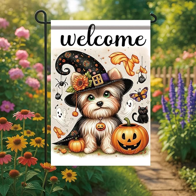 Halloween Garden Flag Yorkshire Terrier Flag 12x18 Inch Welcome Dog Pumpkin Yard Banner Double Sided Outdoor House Decor with Ghosts Black Cat for Fall Lawn Holiday Seasonal Decoration