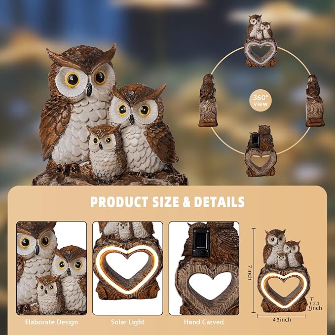 Solar Garden Decor Statues 7" Resin Solar Owl Waterproof Garden Owl Decor for Outside Yard Patio Porch Decoration Gift for Mom Grandma