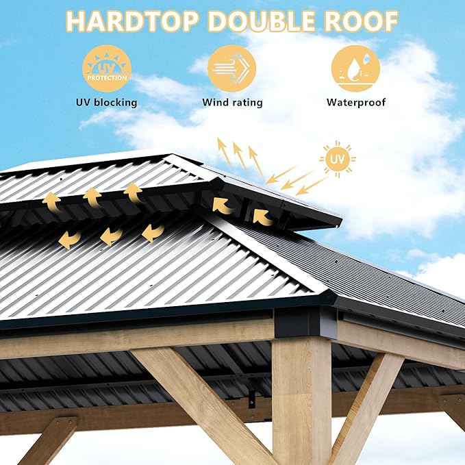 13'x 15' Outdoor Wooden Gazebo, Patio Hardtop Gazebos with Double Roof, Double Galvanized Steel Hardtop Roof Wood Frame with Netting and Curtains (13'x 15')
