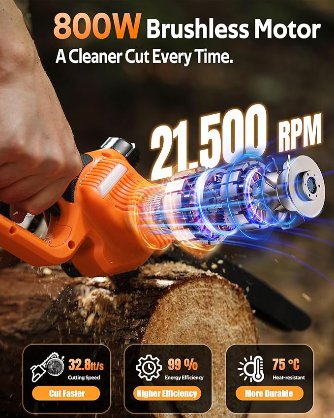 8 inch Mini Chainsaw Cordless with 2x3.0AH Batteries - Powerful Brushless Electric Handheld Small Chain Saw for Wood Cutting, Tree Trimming & Branch Cutting, Auto Oiler & Tool-Free Tensioner