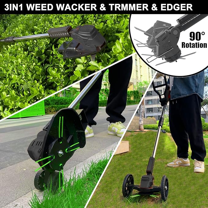 Cordless Weed Wacker Eater Battery Powered, 21V Lightweight Electric Weed Trimmer with 2 Battery Operated & Charger& Wheels & Shears, No-String Grass Trimmer/Brush Cutter/Lawn Edger for Yard Garden