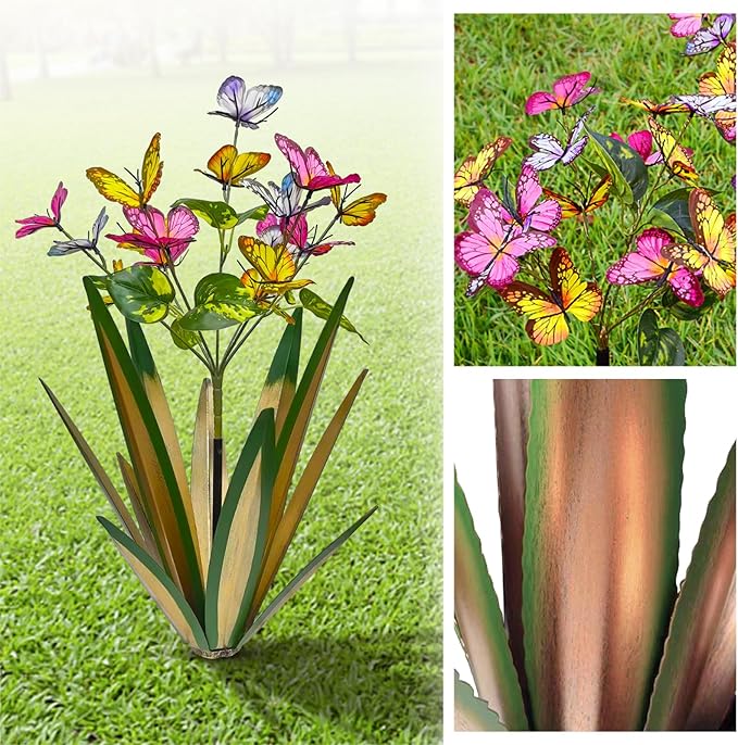 TOMBABY Garden Outdoor Butterfly Enlarge Thickened Wind Resistant Metal Agave Garden Art Metal Plant Country Sculpture Statue Decorations Ornaments Artificial Waterproof lieslight Green 3pcs