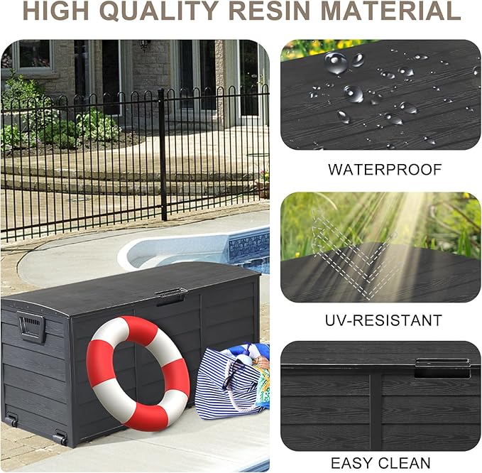 75 Gallon Resin Deck Box, Waterproof Outdoor Storage Box with Wheels, Lockable Lid and Handles, Large Deck Storage for Outdoor Gear, Patio Furniture Cushion, Gardening Tools, Jet Black