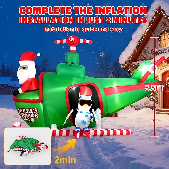 HFO 8ft Wide&5.5ft Tall Christmas Inflatable Outdoor Decorations, Blow up Yard Decor with Santa Claus to Fly a Helicopter with a Penguin, Bright LED Lights Christmas Outdoor Decorations