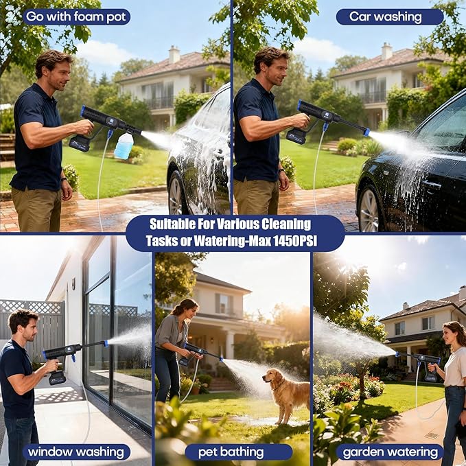 Cordless Pressure Washer,1450PSI Portable Power Washer 2 Rechargeable 20000mAH Batteries,Brushless Powered Washer Gun 6-in-1 Nozzle,Hand Held Pressure Washer for Washing Car/Fence/Garden/Floor/Yards