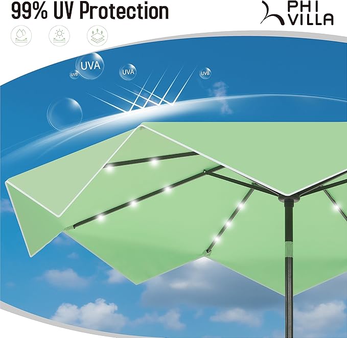 PHI VILLA 9ft Patio Umbrellas with 24 pcs LED Solar Lights, Outdoor Market Table Lighted Umbrella with 8 Steel Ribs, Tilt for UV-Resistant, Lotus Leaf Shape Canopy, Green
