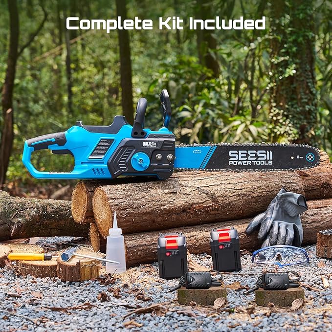 SEESII 40V 16-Inch Cordless Chainsaw: Brushless Electric Chain Saws with 2×4.0Ah Batteries & Charger, Tool-Free Chain Tension, Auto Oiling, for Tree Trimming, Wood Cutting, Yard Work