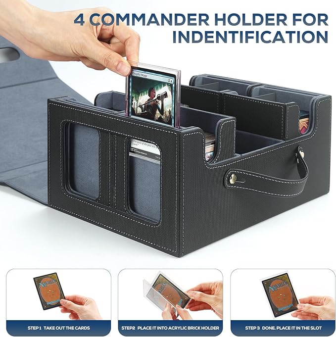 Trading Card Storage Box for MTG, card storage box with Commander Display，Multi-purpose Deck Case for MTG TCG Sports Card, 4 Toploaders, 4 Stoppers, 4 Colorful Dividers (Black & Grey)