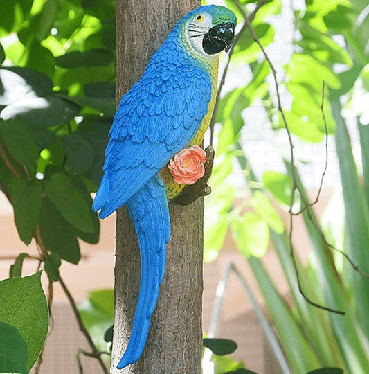 Bird Statue Garden Decorations,Outdoor Resin Bird Figurine Decoration,Bird Statue Real Parrot Figurine,Flapping Macaw Bird Tropical Decor Wall Sculpture, Polyresin, Full Color