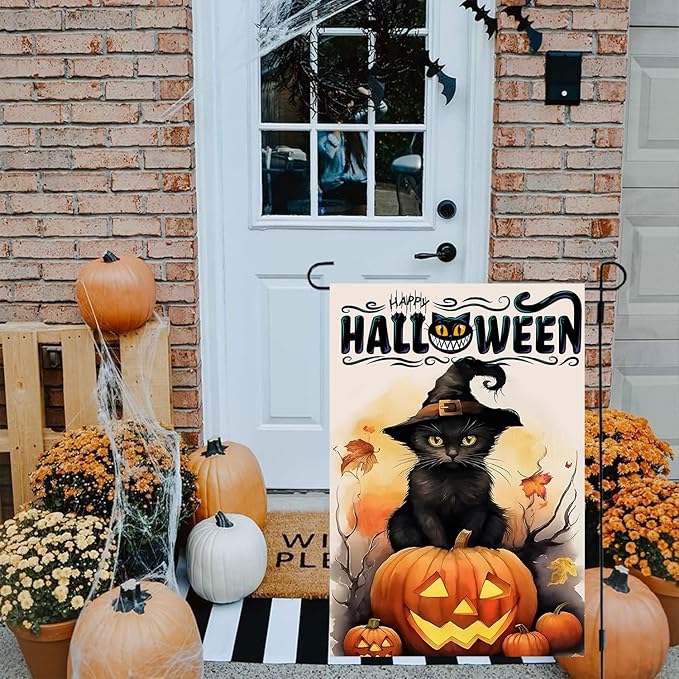 DECORLUXES Halloween Cat Garden Flag, Vertical Double Sided Happy Halloween Pumpkin Holiday Outside Decorations (Garden Flag)