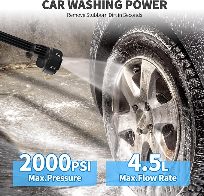 Cordless Pressure Washer 2000 PSI Portable Power Washer Kit with 6-in-1 Adjustable Spray Nozzle Dual 21V 8000mAh Batteries Foam Pot for Car Garden Patio Driveway Outdoor Cleaning