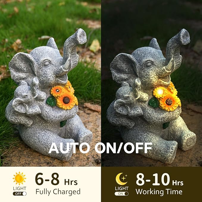 Elephant Gifts for Women, Solor Garden Statue, Elephant and Sunflower Figurine with Lights, Outdoor Decorations for Yard Backyard Patio Porch, Gifts for Mom Daughter Grandma Friend Gardener