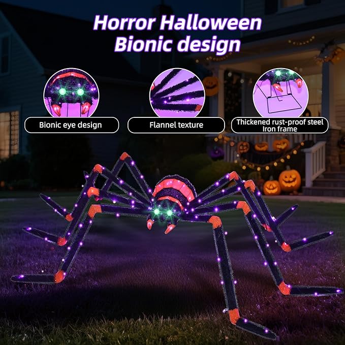 HOYECHI Halloween Decorations Giant Spider 6.8ft - Big Spider Holiday Decor Outdoor, Light Up Spider with 115 LED Lights for Front Yard Porch Gardens Party Outside Halloween Decorations - Black