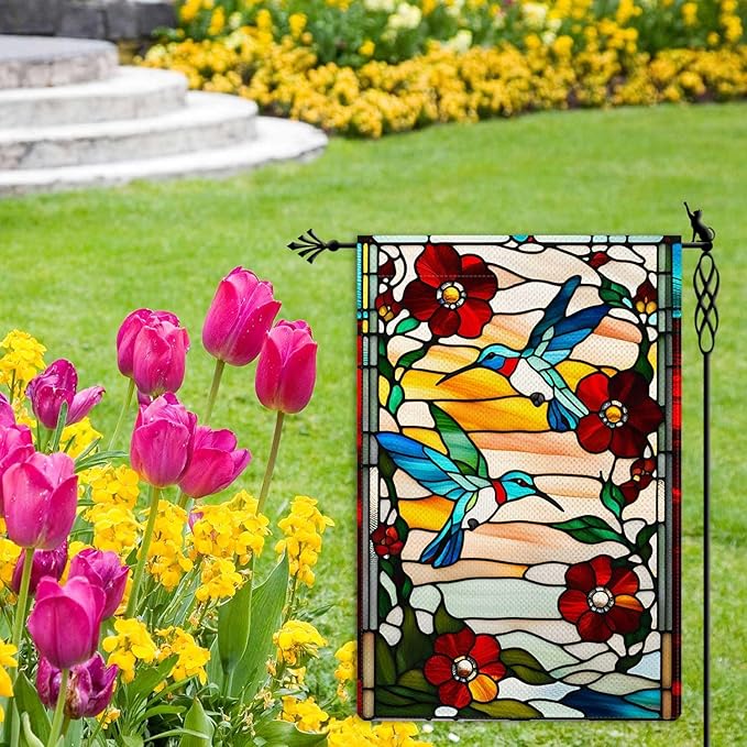 Spring Summer Hummingbird Garden Flag Glass Style Vertical Double Sided Rustic Farmland Burlap Yard Lawn Outdoor Decor 12.5x18"