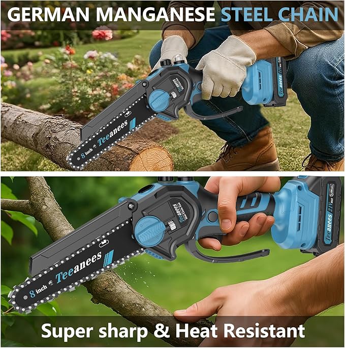 Mini Chainsaw Cordless, 8 Inch & 6 Inch Portable Electric Chain Saw with 2 Battery 8 Chains, Auto Oiler, Battery Powered Small Handheld Saw for Wood Cutting, Tree Trimming, Garden(Blue)