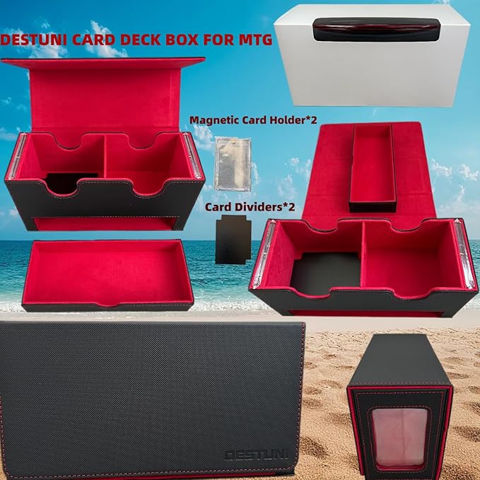 Card Deck Box for mtg – Fits 100+ Double-Sleeved Cards, Dual Commander Display with Dice Tray, PU Leather Organizer for TCG, CCG, Sports Cards (Black&Red)