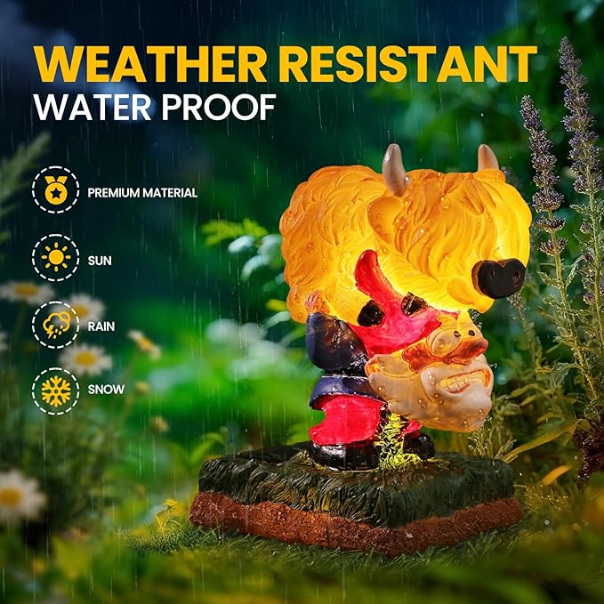 Garden Statue–Grome&Highland Cow Outdoor Decor Solar Light for Yard, Patio or Balcony–Eco-Friendly Resin Figurine Gift for Parents, Friends, Coworkers–Christmas, White Elephant, Thanksgiving, Birthday