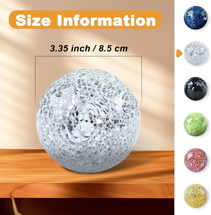 Mosaic Glass Balls 3.35 Inch Decorative Orbs Ball Decor Crack Solid Sphere Mirror for centerpieces Table Bowl Home Christmas Ornaments Silver Set of 3