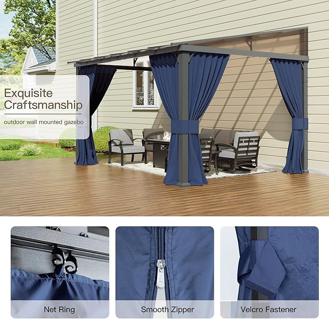 10’ x 12’ Gazebo for Patio,Wall Mounted Gazebo with Sloping Polycarbonate Roof,Aluminum Frame Outdoor pelgole w/Netting & Curtain for Garden,Deck,Backyard,NavyBlue