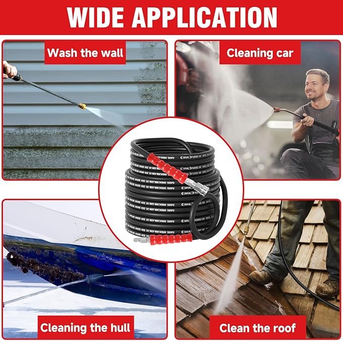 3/8" Non Marking Pressure Washer Hose 100 FT,Kink Resistant Power Washer Replacement Hose Steel Wire Braided for Hot and Cold Water, with M22 14mm to 3/8" Swivel Quick Connect, 5000 PSI (100FT)