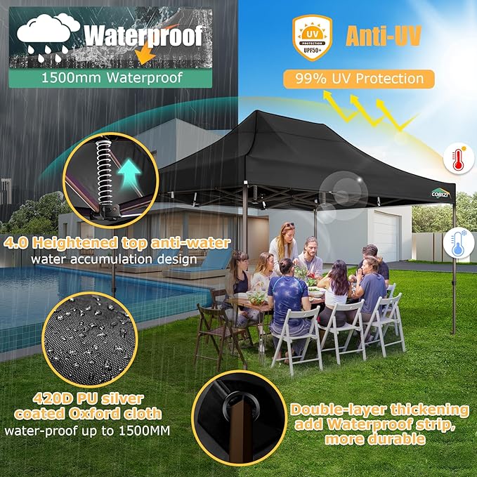 COBIZI 10x15 Pop Up Heavy Duty Canopy with Upgrated Hexagonal Legs, Easy up Tent for Parties, Commercial and Wedding, Outdoor Canopy with Roller Bag, Sand Bags, Waterproof & UPF50+ (Black)