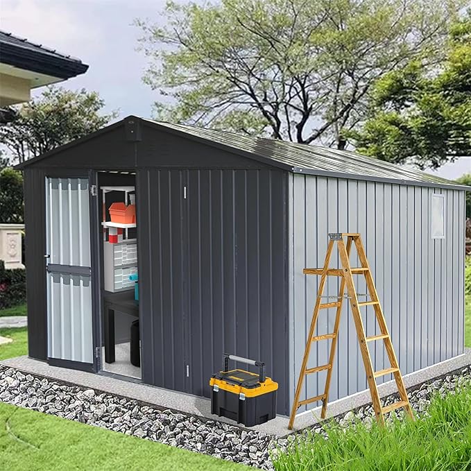 11x12.5ft Outdoor Storage Shed with Windows, Galvanized Steel Garden Shed, Lockable Double Doors and 16 Vents, Large Utility Tool Storage for Backyard Patio