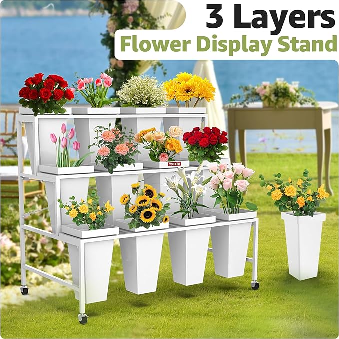 Flower Display Stand 3 Layers with 12 PCS Round Buckets, Plant Stand with Wheels, Movable Metal Plant Stand for Terrace Garden, Living Room, Florist Shop