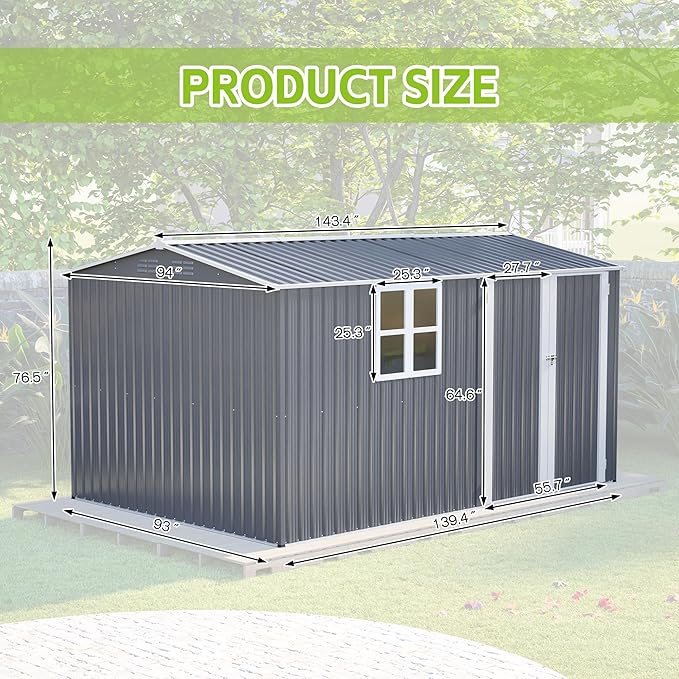8x12 FT Shed Outdoor Storage Metal Large Garden Tool Sheds with Lockable Doors Floor Frame Window Gable Roof Waterproof Steel Utility Equipment Sheds for Backyard Patio Lawn Poolside, Grey