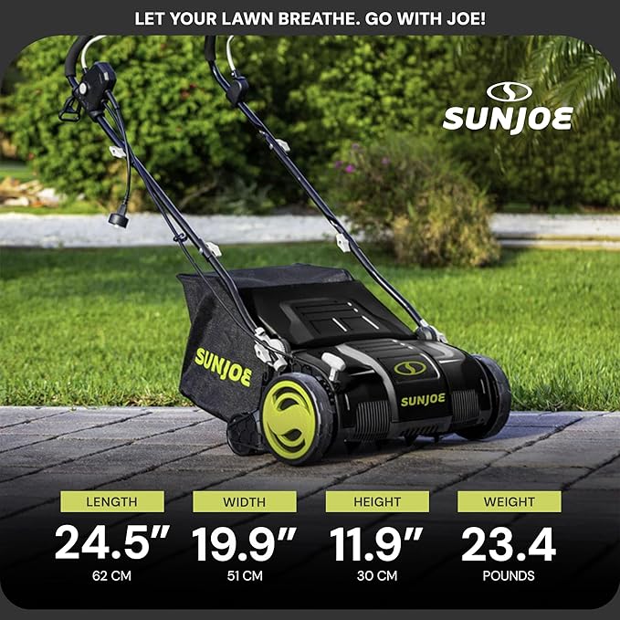 Sun Joe Corded Dethatcher & Scarifier with 13.2-Gal Bag, 15-Inch Cutting Width, 13-Amp Motor - Heavy-Duty Yard Trimmer for Gardening Care and Lawn Maintenance, AJ805E