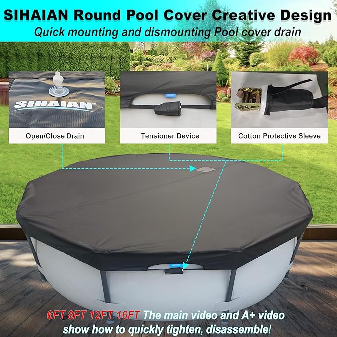 10 Ft Wintet Pool Cover, with Automatic Drain Round Pool Cover, One-Piece Quick Installation and Removal for Round Hot Tub and Spa Pool, Preventing Waterlogging, UV Protected