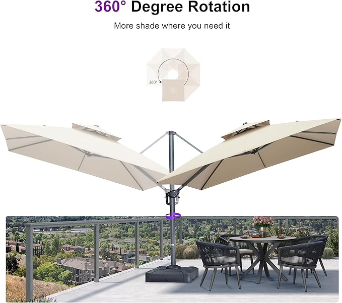 PURPLE LEAF Cantilever Umbrella with Base Included 10 Feet Outdoor Double Top Large Offset Hanging 360° Rotation Square Umbrella for Garden Patio Deck Pool Backyard Spectrum Sand