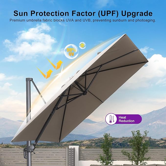 PURPLE LEAF 10' X 13' Rectangle Cantilever Umbrella with Base Outdoor Large Aluminum Patio Umbrella with 3-Year Fade Resistance Recycled Fabric and 360-degree Rotation for Deck Pool Garden, Ash Mocha