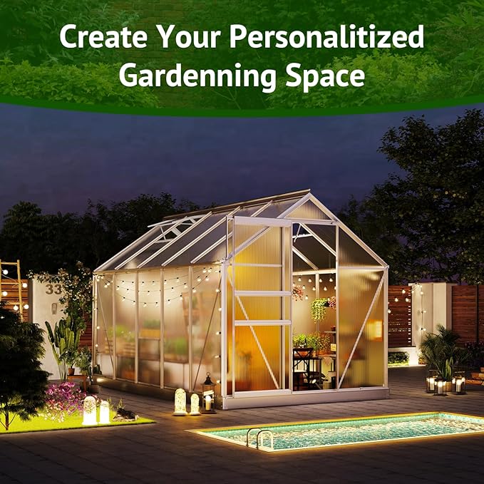 10x6ft Polycarbonate Greenhouse, Heavy Duty Walk-in Aluminum Greenhouse for Outdoors, with Ventilation Window, Sliding Door, Rain Gutter, Green House for Plants Backyard Silver