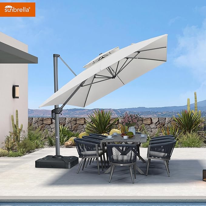 PURPLE LEAF Cantilever Umbrella with Base Included 10' X 13' Outdoor Double Top Large Rectangle Umbrella Heavy Duty 360° Rotation Offset Sun Shade for Garden Patio Deck Pool Canvas Natural
