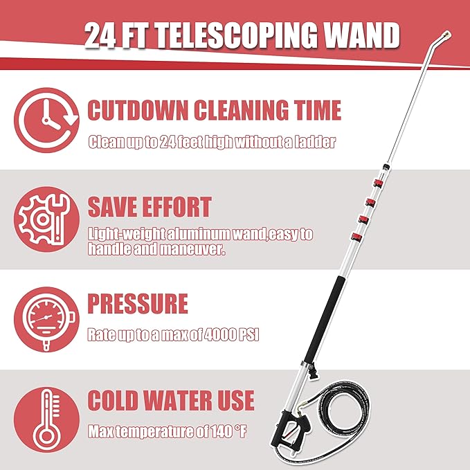 PWACCS 24 FT Telescoping Pressure Washer Wand, Telescopic Spray Wand with Power Washer Extension Wands, Gutter Cleaner Attachment Kit with 7 Nozzle Tips, 2 Adapters, Pivoting Coupler and Support Belt