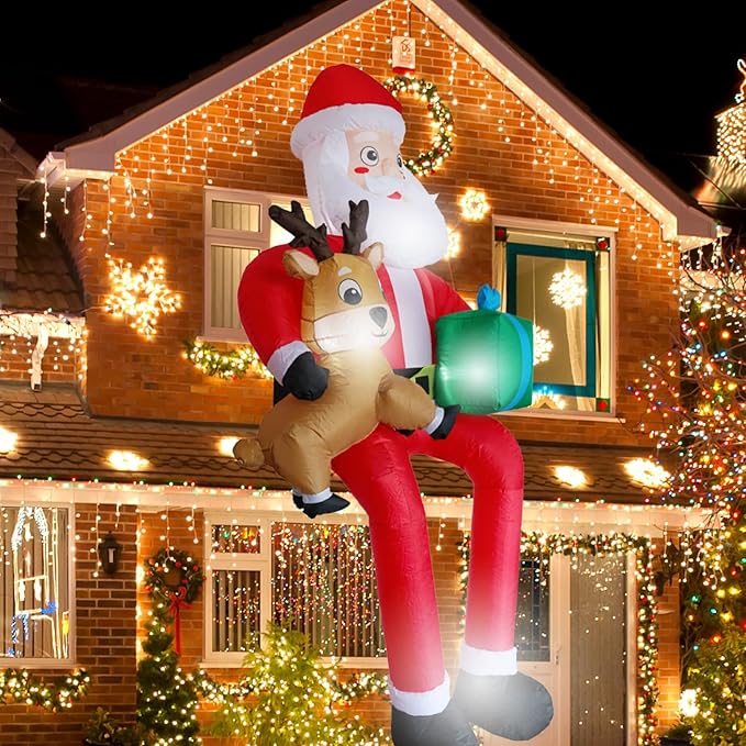 9.5Ft Christmas Inflatables Outdoor Decoration, Giant Sitting Santa Claus & Reindeer with Gift Box Christmas Inflatable with LED Light Blow Up Yard Decorations for Xmas Roof Eaves Lawn
