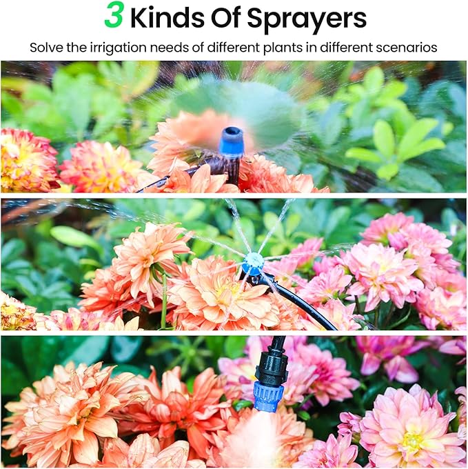 MIXC 230FT Quick-Connect Drip Irrigation System Kit, Automatic Garden Watering System with 1/4" & 1/2" Fast-Lock Tubing - Adjustable Nozzles & Sprinklers for Garden, Greenhouse, Lawn, Potted Plants