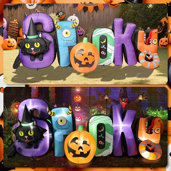 VCUTEKA 8.6FT Halloween Inflatable Spooky Pumpkin Cat Outdoor Decoration, Blow Up Decor with LED Lights for Holiday Party Inflatables Indoor Home Garden Lawn Yard Decorations