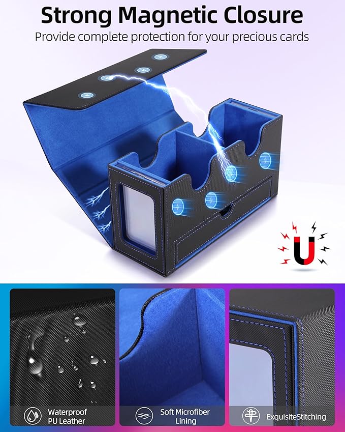 MTG Deck Box, MTG Commander Card Deck Box with Commander Display, Fits 250+ Single Sleeved, Double Card Storage Box with Dice Tray, Magnetic Card Storage Case for CCG TCG Sports Cards, Black Blue