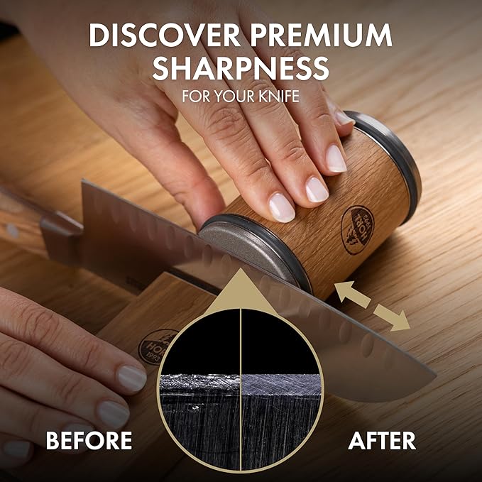 HORL 2 Oak Kitchen Knife Sharpener for Razor Sharp Edges Made in Germany - Rolling Sharpener for knives - Rolling Knife Sharpening Kit with Magnetic Holder with 15 & 20 Degrees