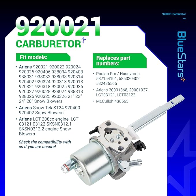 BlueStars 920021 Carburetor - For Ariens Sno-Tek 920404 920402 920022 920024 920025 920406 938034 920403 Snowblower LCT StormForce 208cc 03121 03122 13141 13142 Engine Part 20001368 20001027 585020402