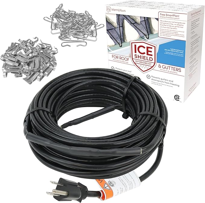 WarmlyYours Roof Snow De-Icing Heat Cable 20 ft., 5 Watts/ft. Heat Tape for Roof and Gutters, Ice Dam and Snow Damage Prevention System with Clips and Spacers (Ice Shield)