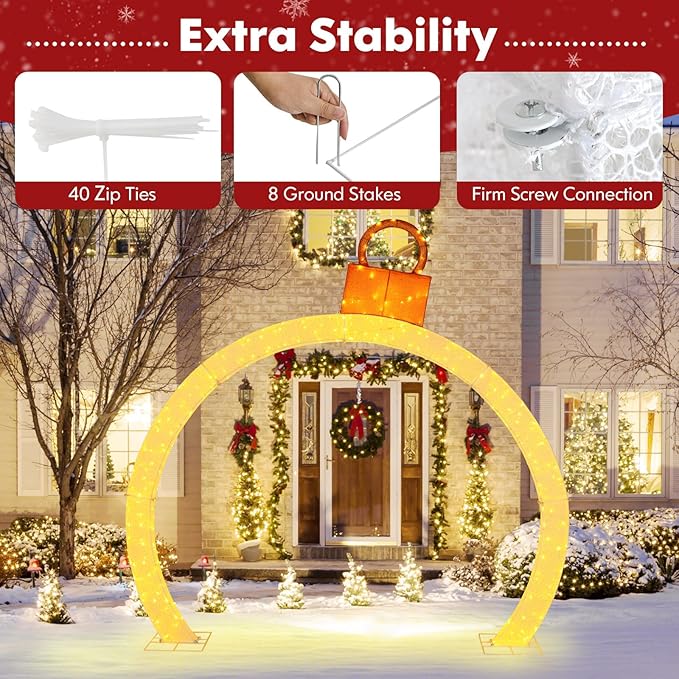 Tangkula 10.5 FT Outdoor Christmas Lighted Archway with Gold Ornament Cap, 300 Warm White LED Lights, Zip Ties & Stakes, Holiday Xmas Yard Decorations